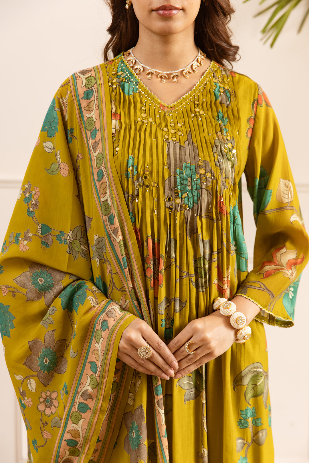Nehamta Women's Mustard Chanderi Cotton Kurta with Pant & Dupatta