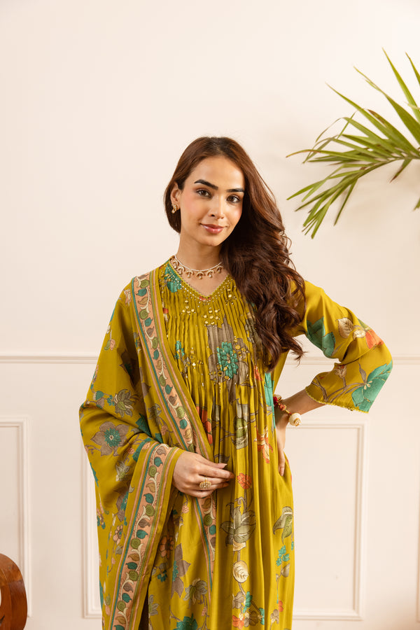 Nehamta Women's Mustard Chanderi Cotton Kurta with Pant & Dupatta
