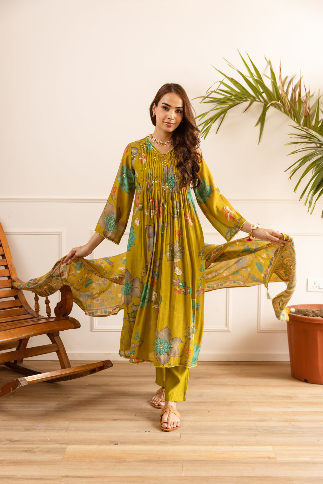 Nehamta Women's Mustard Chanderi Cotton Kurta with Pant & Dupatta
