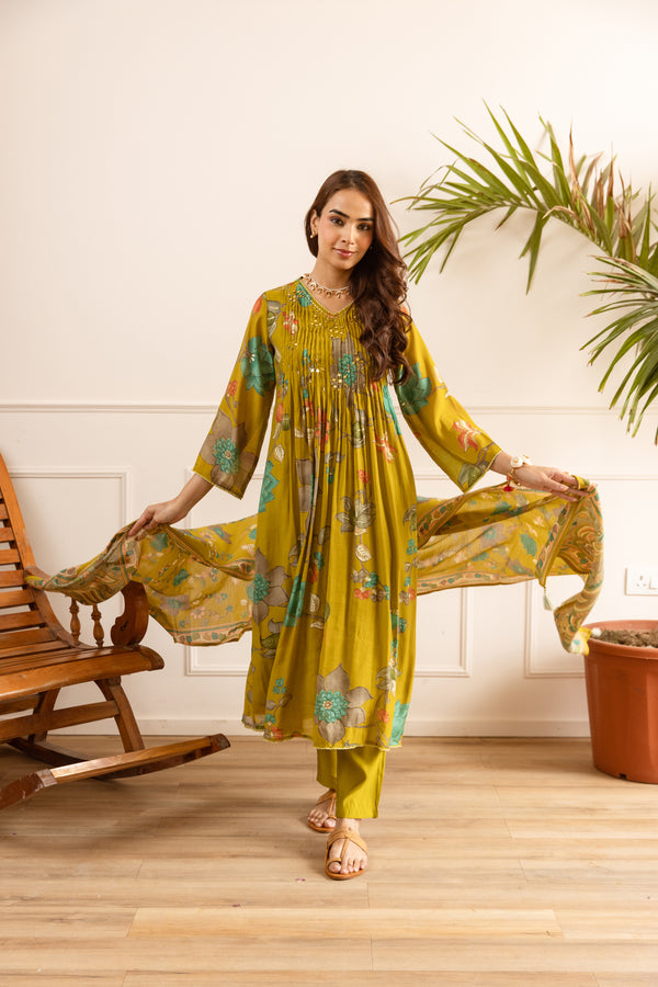 Nehamta Women's Mustard Chanderi Cotton Kurta with Pant & Dupatta