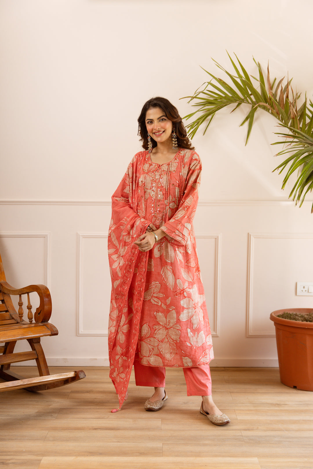 Nehamta Women's Orange Cotton Kurta with Pant & Dupatta