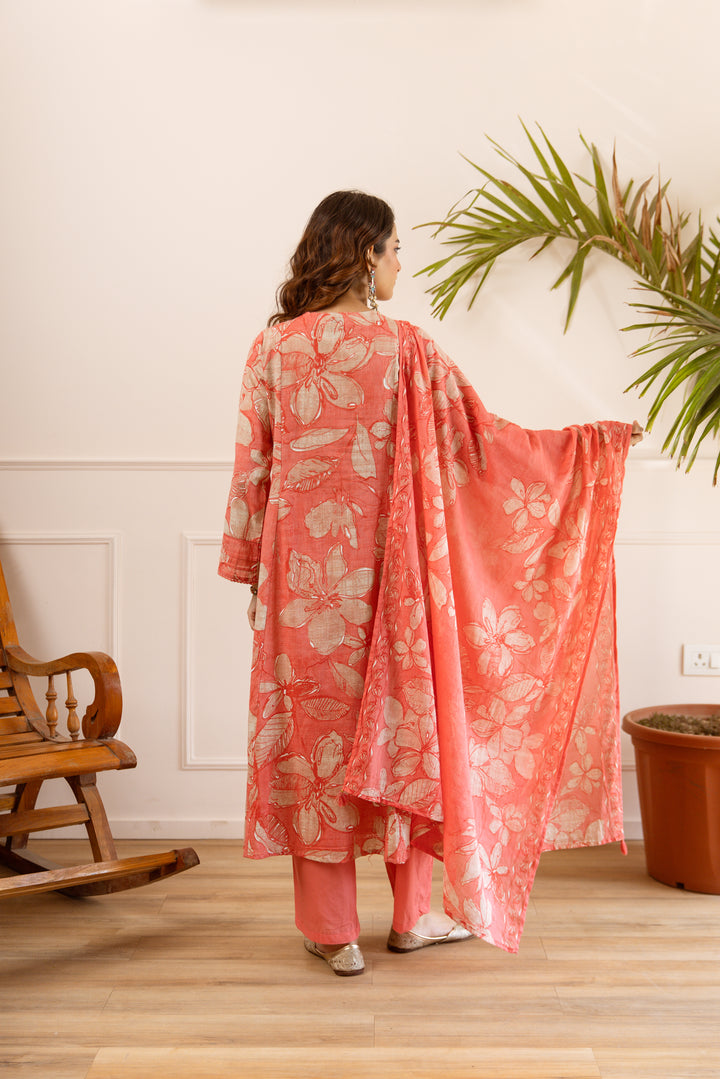 Nehamta Women's Orange Cotton Kurta with Pant & Dupatta
