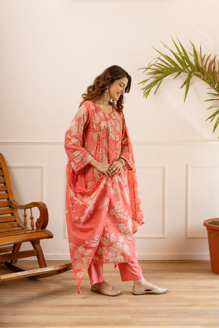Nehamta Women's Orange Cotton Kurta with Pant & Dupatta