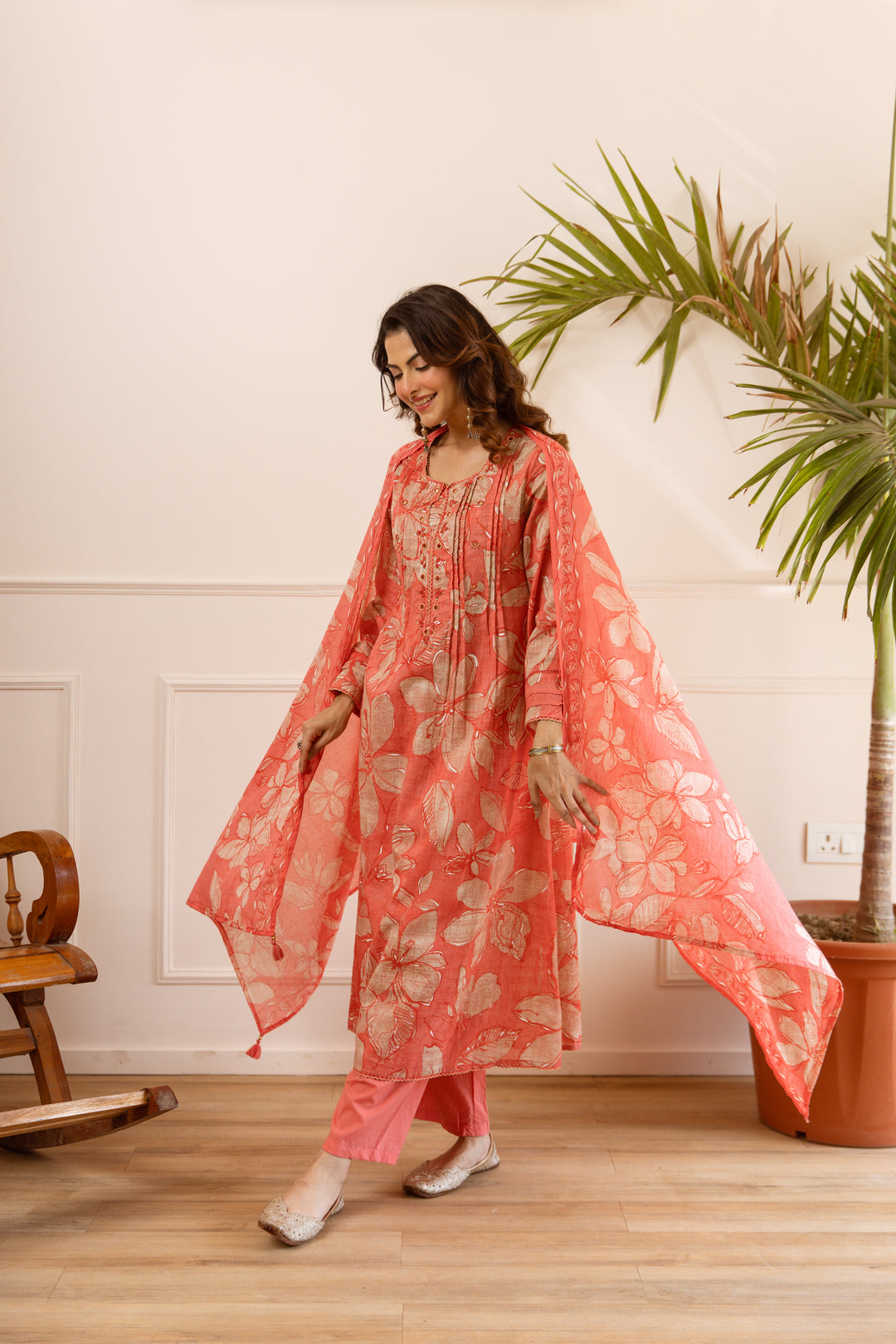 Nehamta Women's Orange Cotton Kurta with Pant & Dupatta