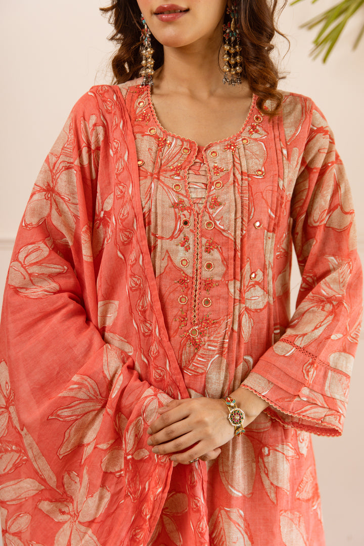 Nehamta Women's Orange Cotton Kurta with Pant & Dupatta