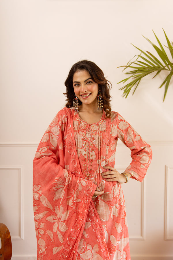 Nehamta Women's Orange Cotton Kurta with Pant & Dupatta
