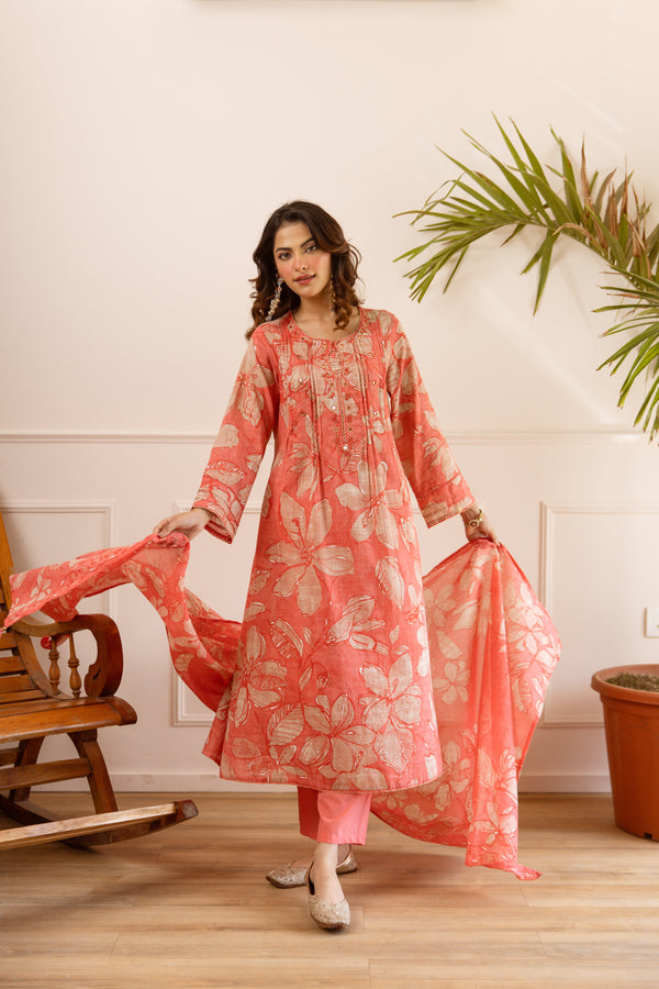 Nehamta Women's Orange Cotton Kurta with Pant & Dupatta
