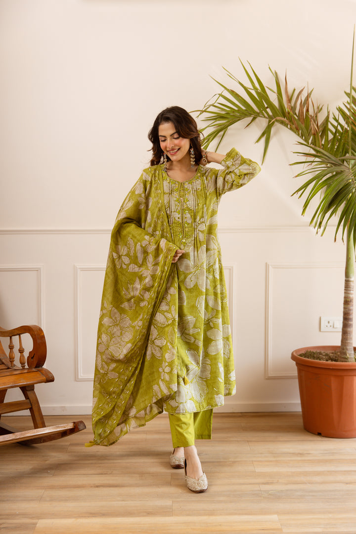 Nehamta Women's Lime Green Cotton Kurta with Pant & Dupatta
