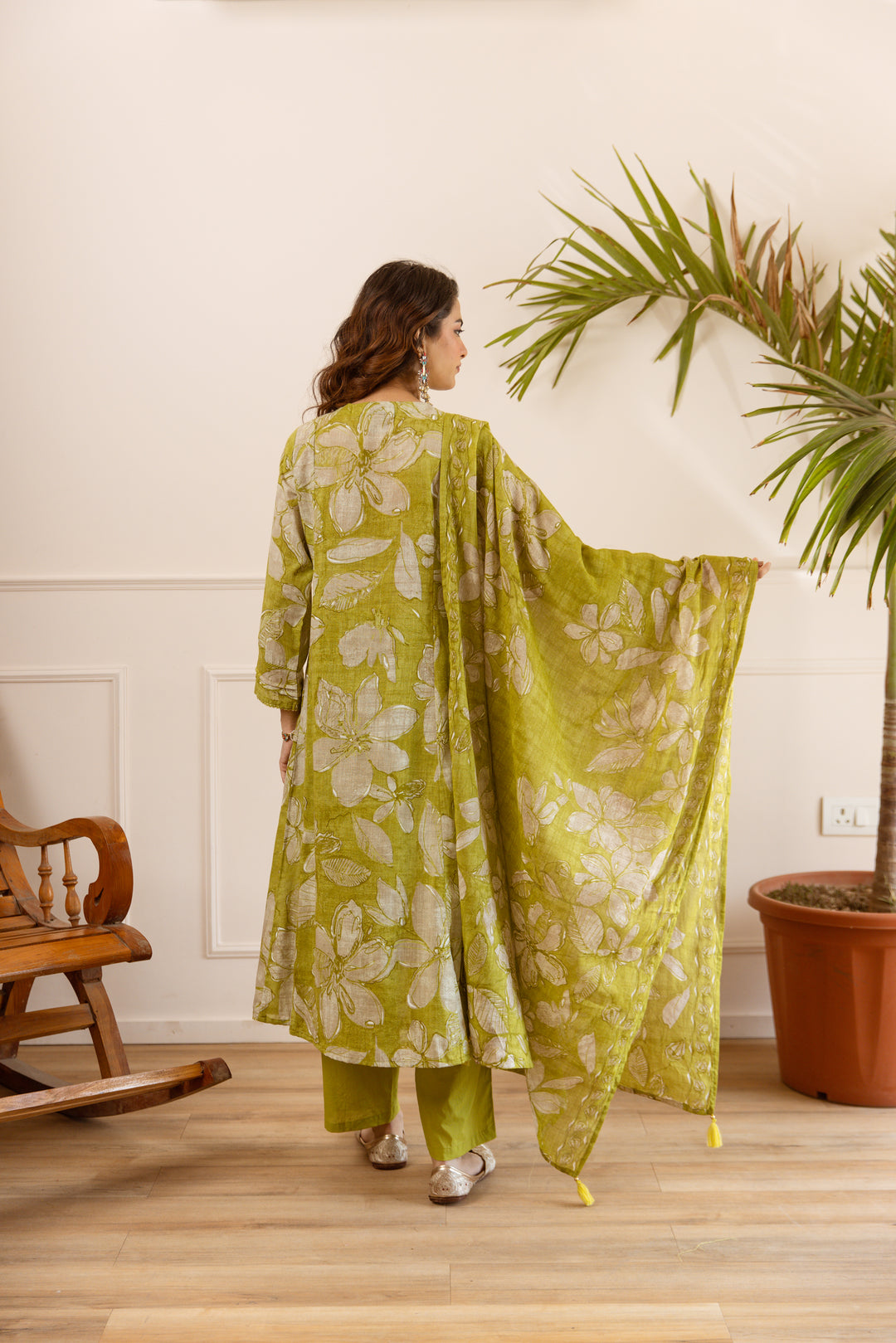 Nehamta Women's Lime Green Cotton Kurta with Pant & Dupatta