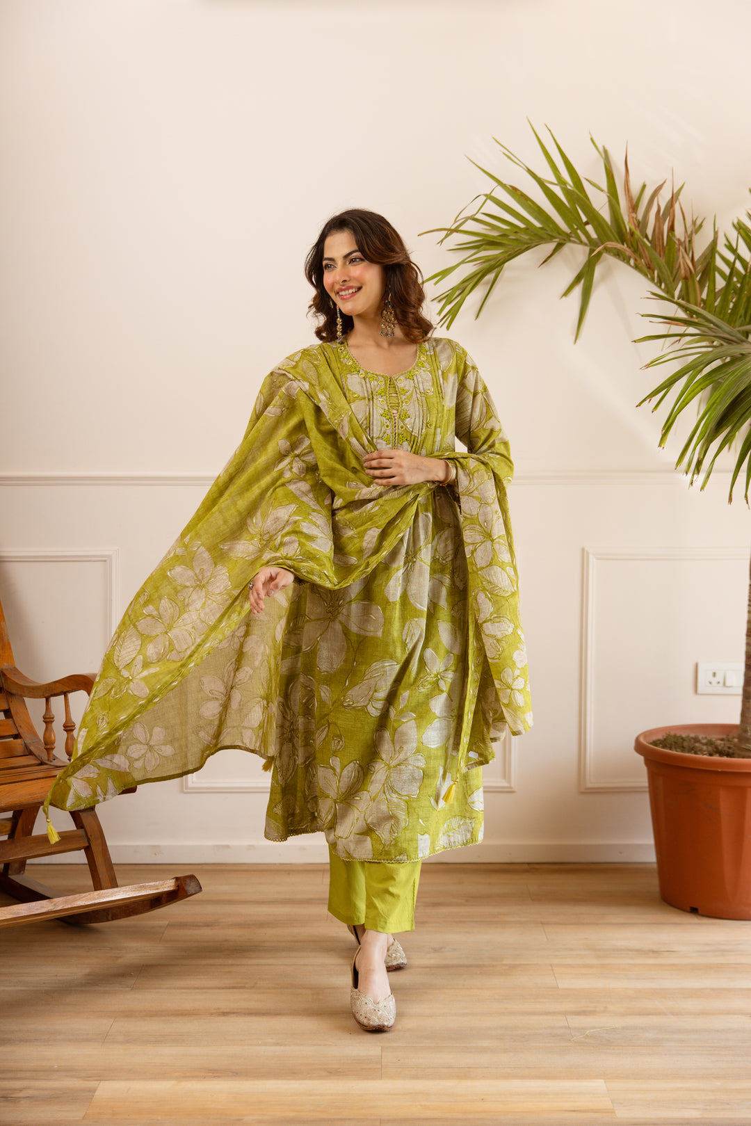 Nehamta Women's Lime Green Cotton Kurta with Pant & Dupatta