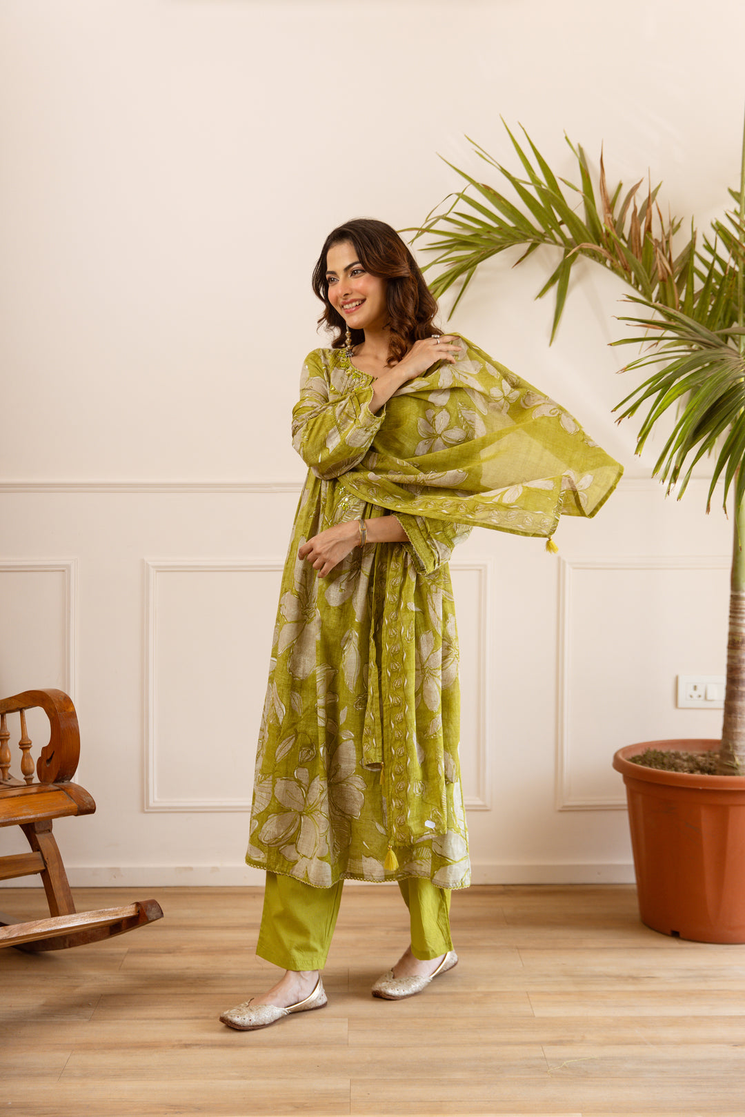 Nehamta Women's Lime Green Cotton Kurta with Pant & Dupatta