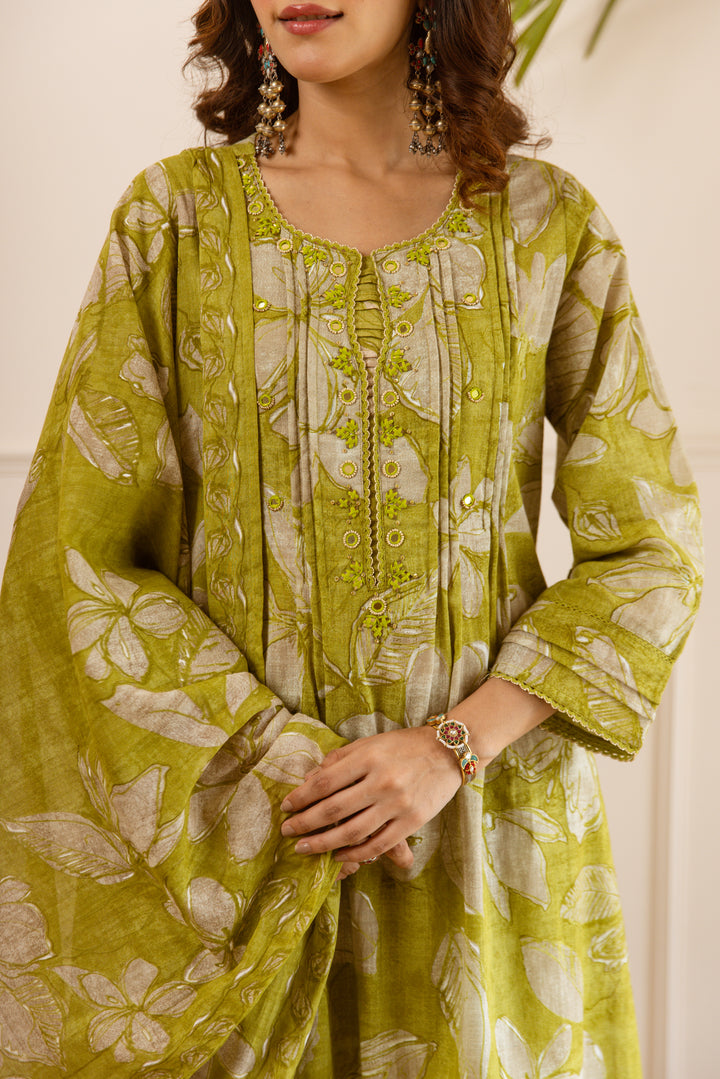 Nehamta Women's Lime Green Cotton Kurta with Pant & Dupatta