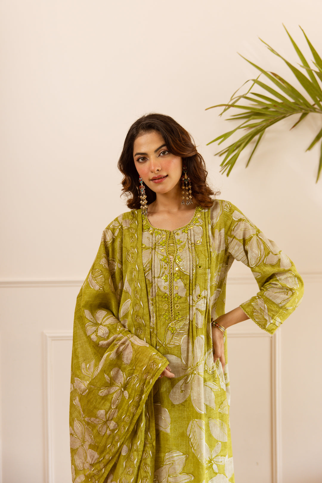 Nehamta Women's Lime Green Cotton Kurta with Pant & Dupatta