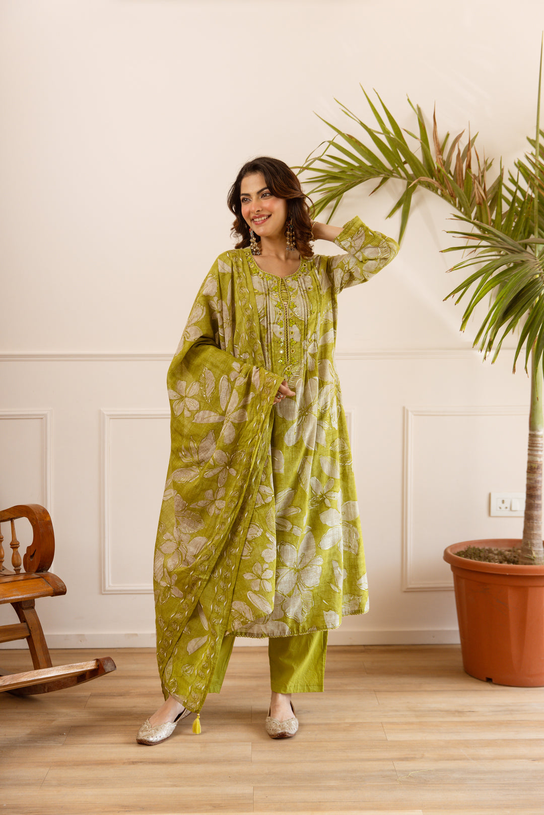Nehamta Women's Lime Green Cotton Kurta with Pant & Dupatta