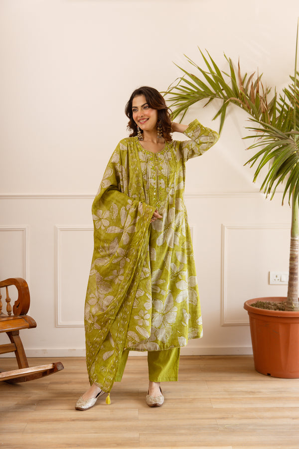 Nehamta Women's Lime Green Cotton Kurta with Pant & Dupatta