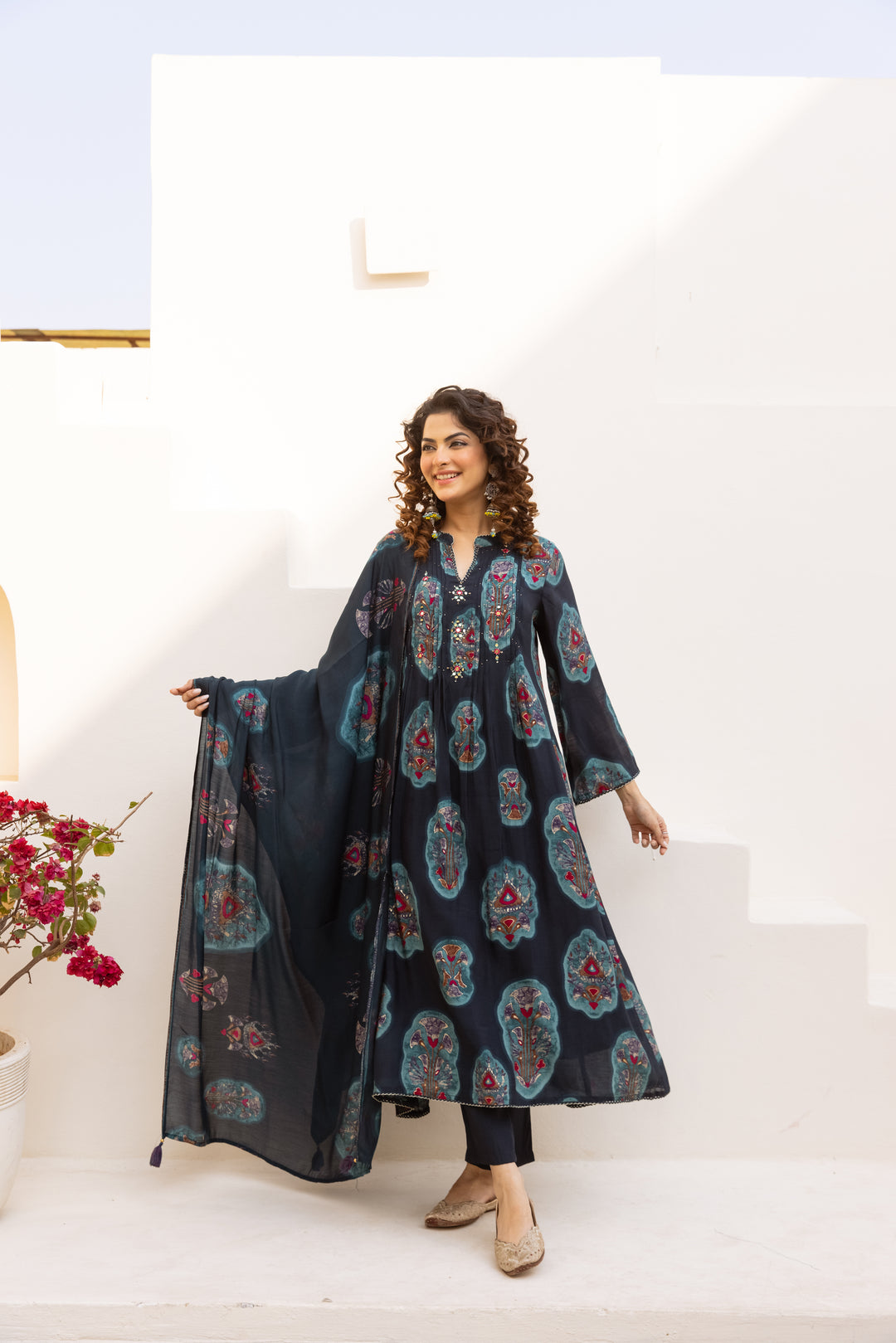 Nehamta Women's Navy Blue Chanderi Cotton Kurta with Pant & Dupatta