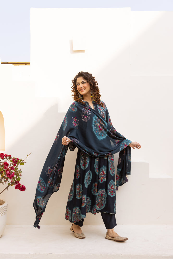 Nehamta Women's Navy Blue Chanderi Cotton Kurta with Pant & Dupatta