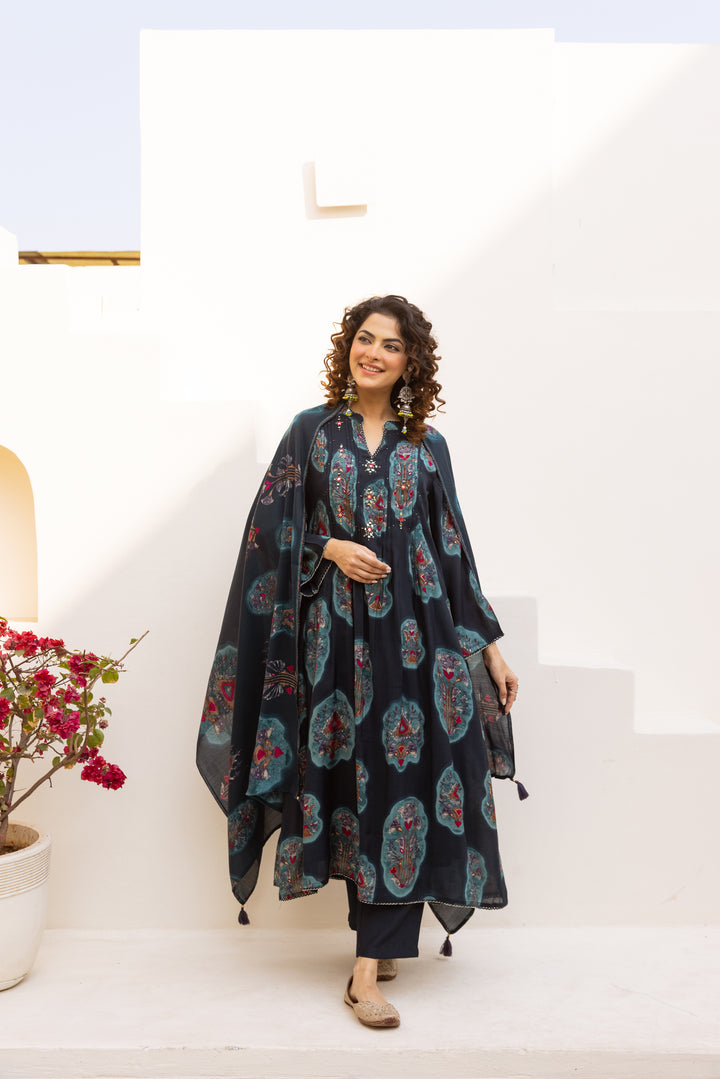 Nehamta Women's Navy Blue Chanderi Cotton Kurta with Pant & Dupatta
