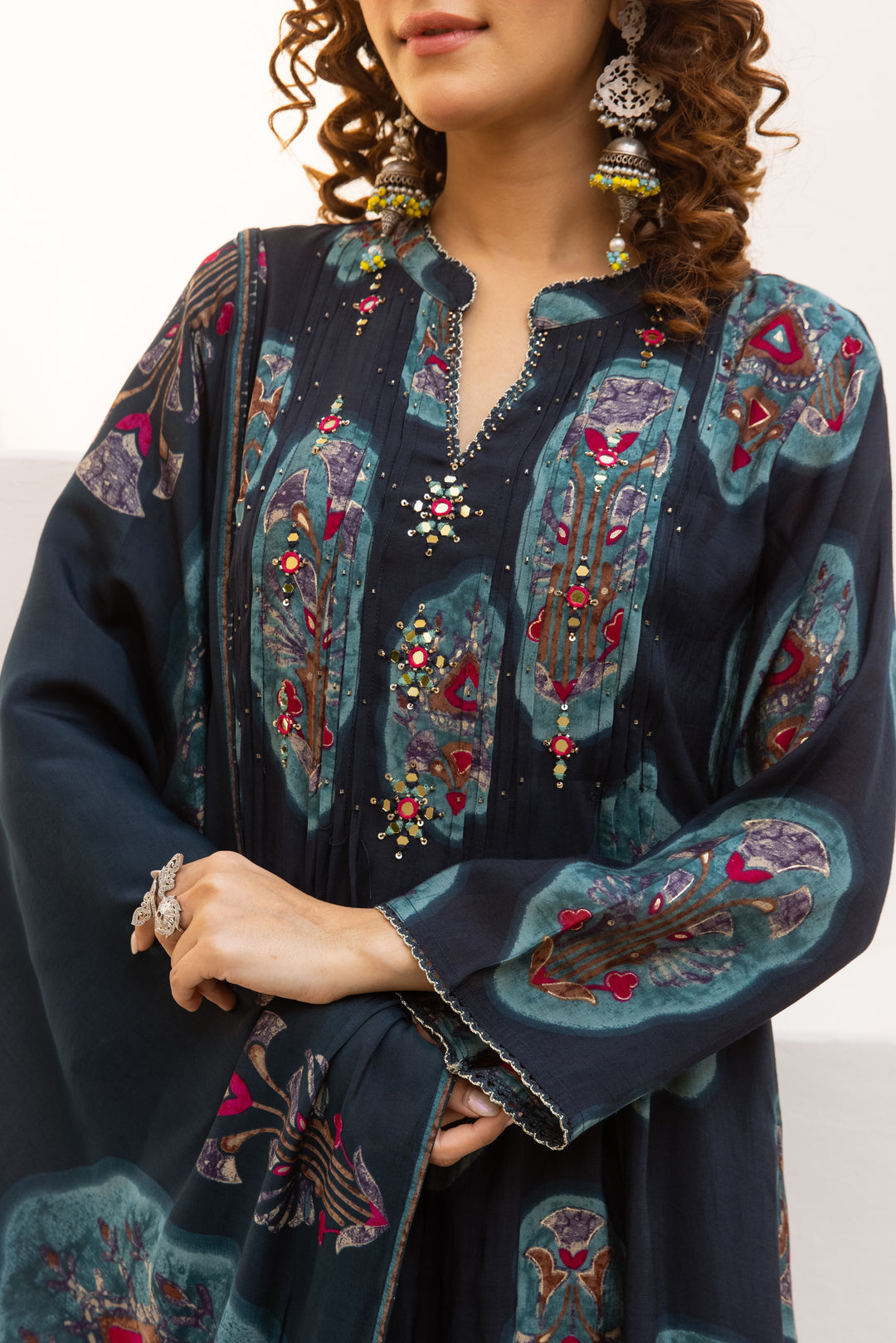Nehamta Women's Navy Blue Chanderi Cotton Kurta with Pant & Dupatta