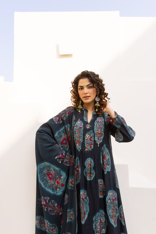 Nehamta Women's Navy Blue Chanderi Cotton Kurta with Pant & Dupatta