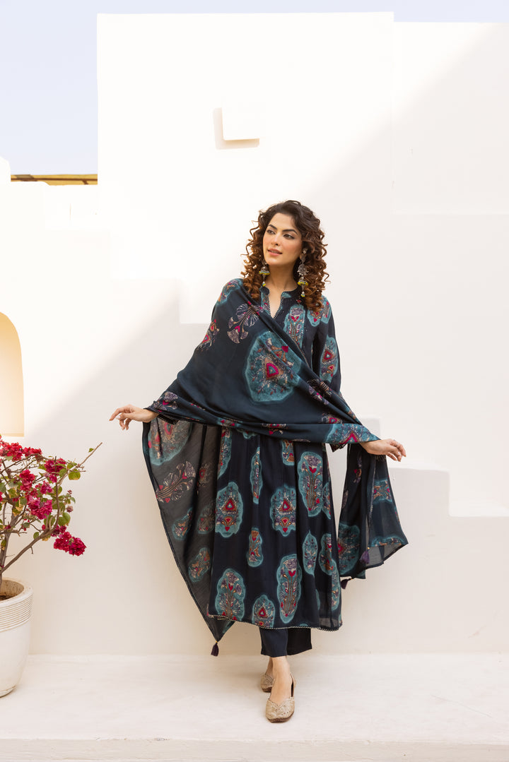 Nehamta Women's Navy Blue Chanderi Cotton Kurta with Pant & Dupatta