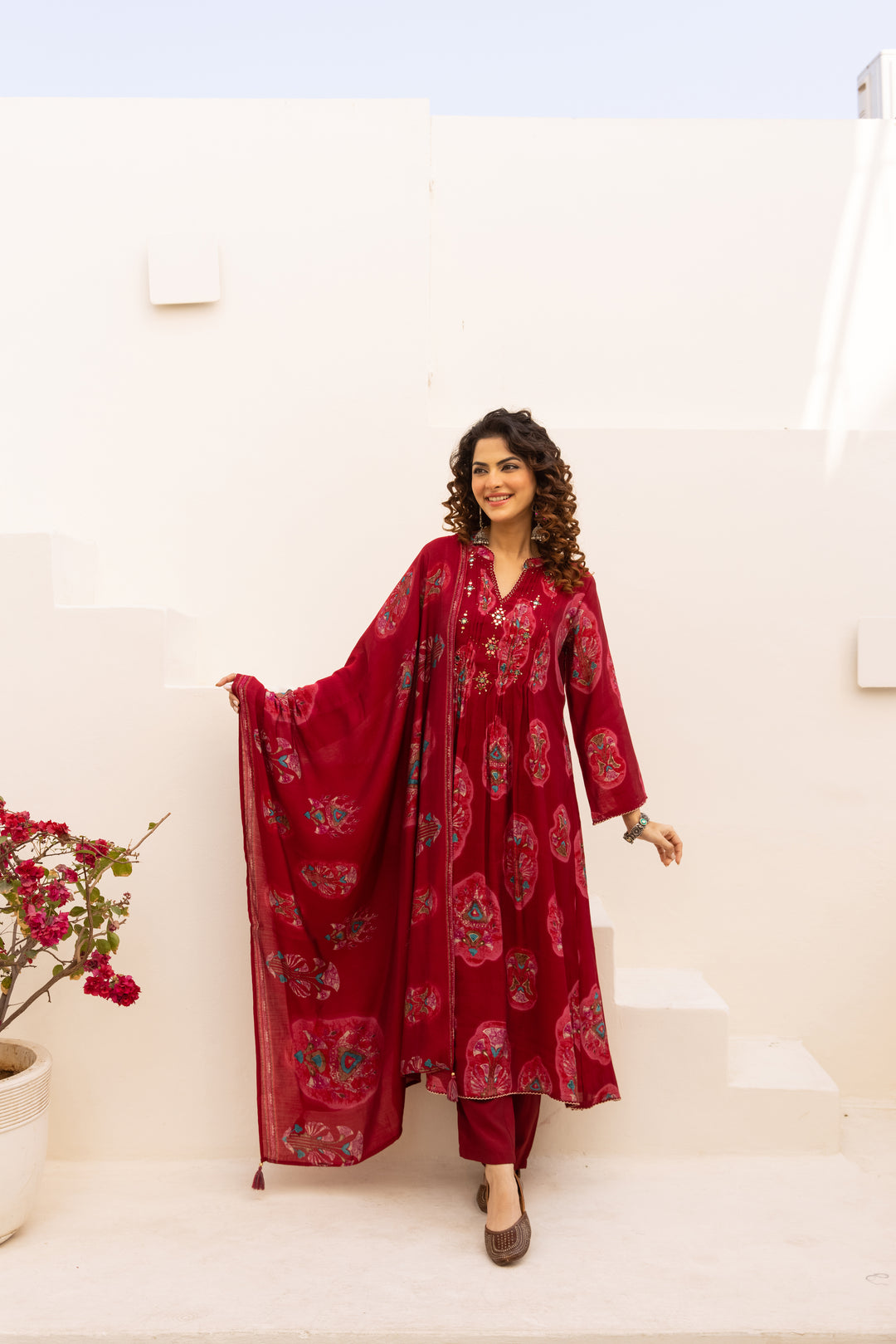 Nehamta Women's Red Chanderi Cotton Kurta with Pant & Dupatta
