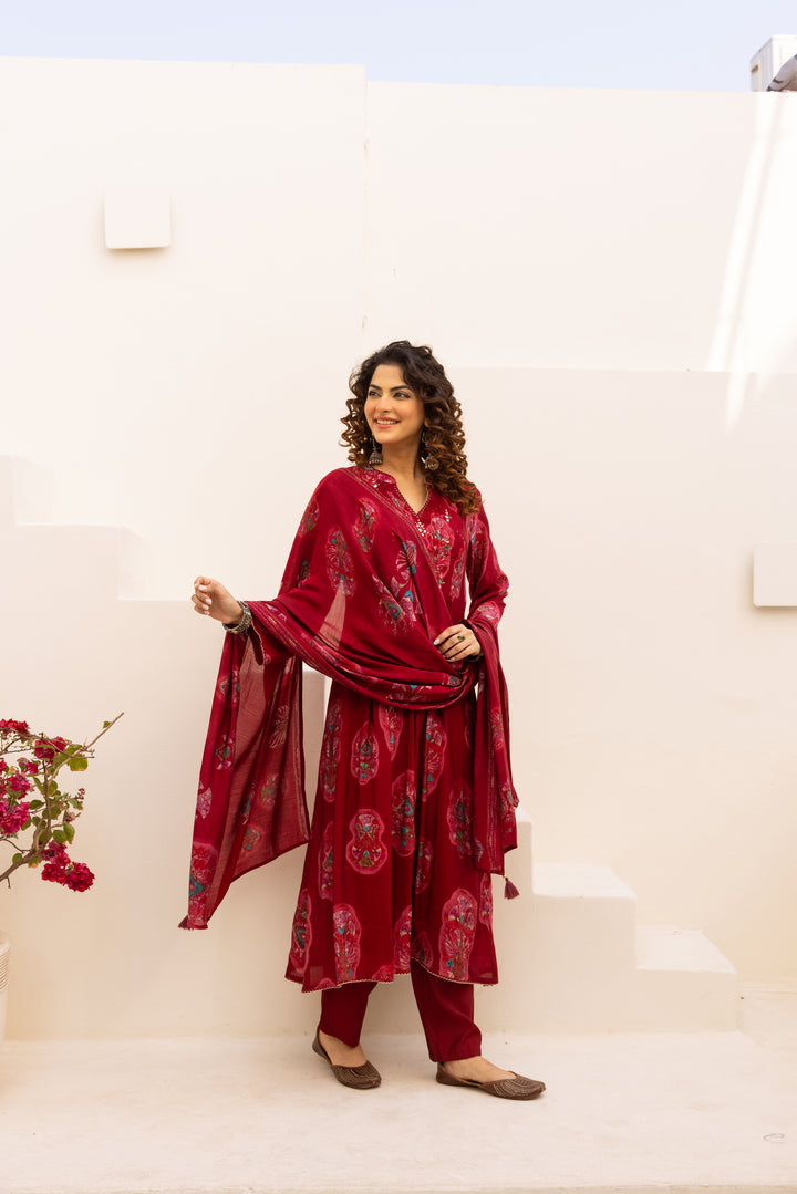 Nehamta Women's Red Chanderi Cotton Kurta with Pant & Dupatta
