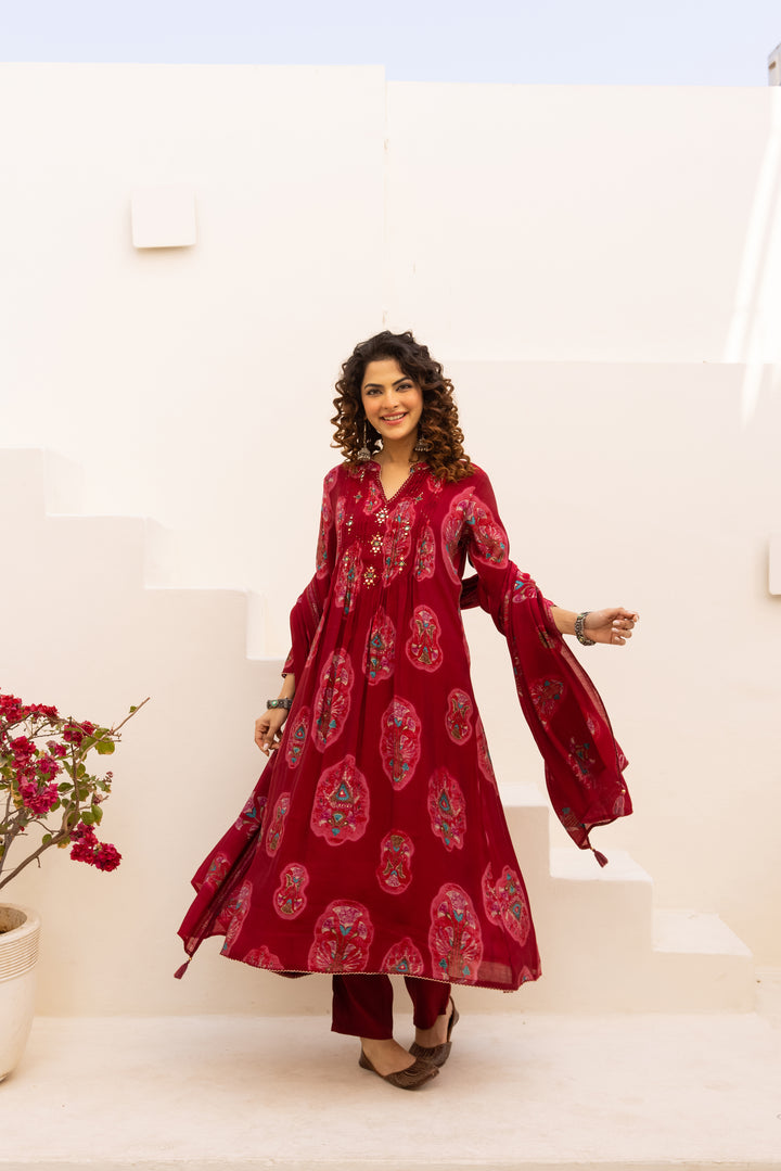 Nehamta Women's Red Chanderi Cotton Kurta with Pant & Dupatta