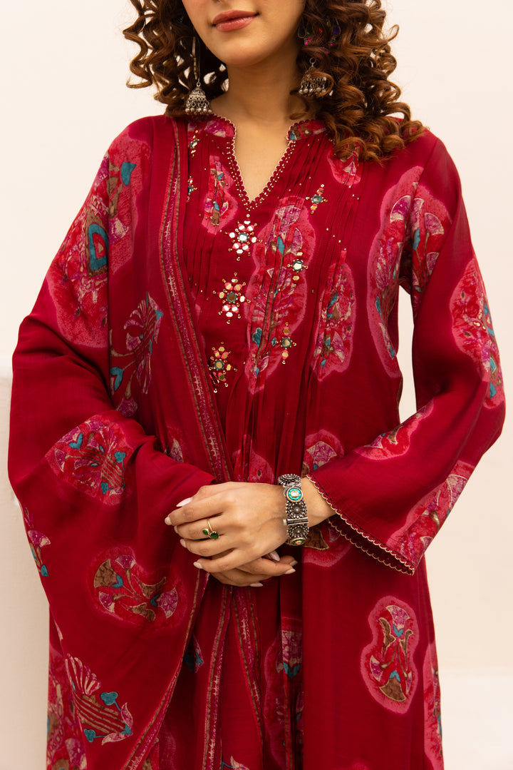 Nehamta Women's Red Chanderi Cotton Kurta with Pant & Dupatta