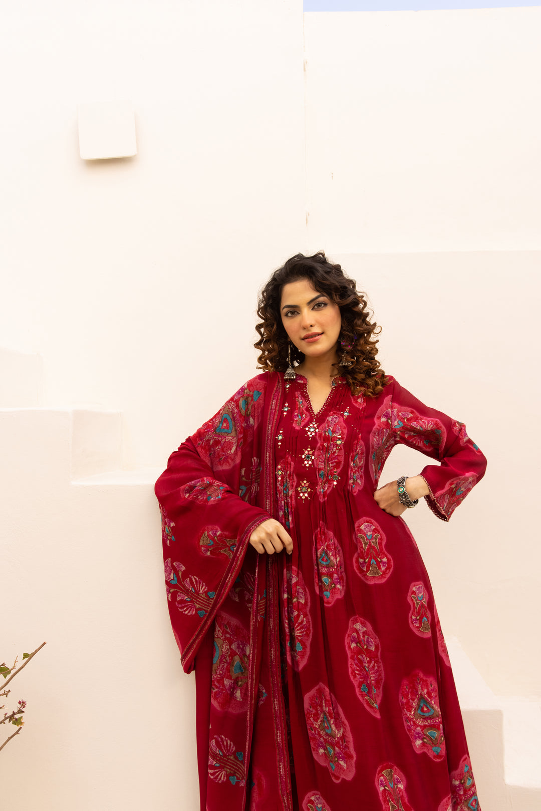 Nehamta Women's Red Chanderi Cotton Kurta with Pant & Dupatta