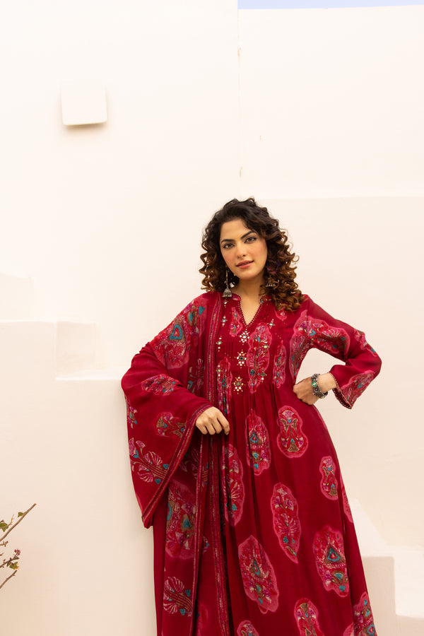 Nehamta Women's Red Chanderi Cotton Kurta with Pant & Dupatta