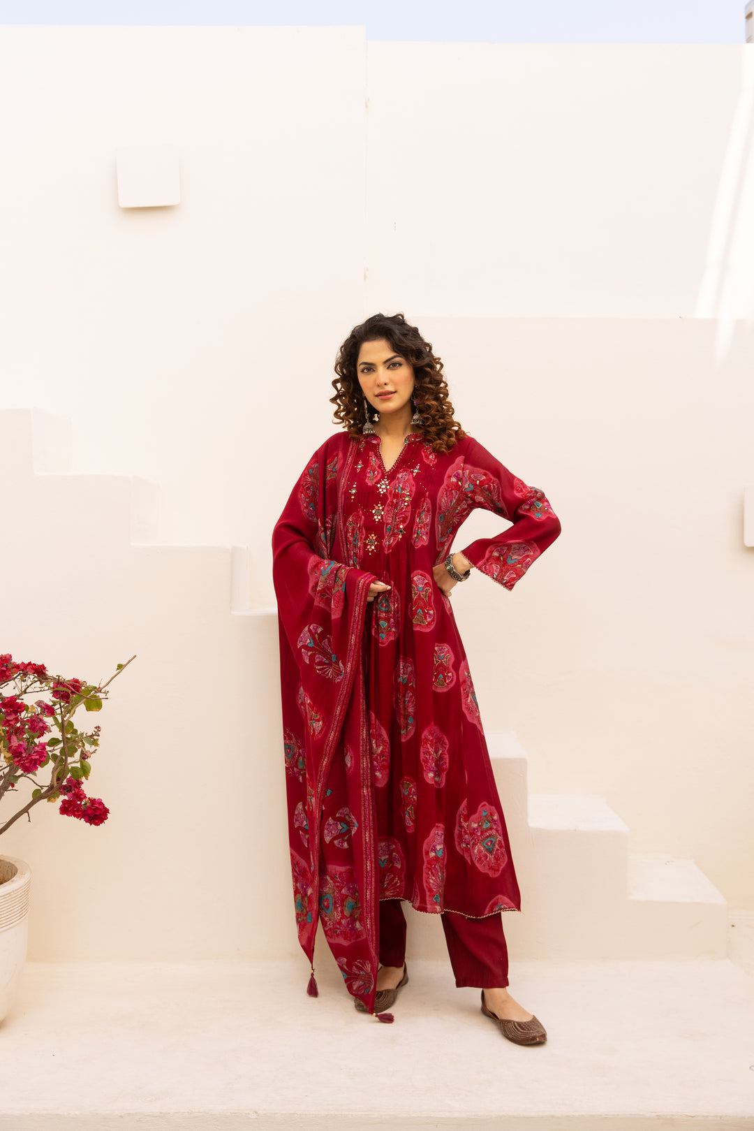 Nehamta Women's Red Chanderi Cotton Kurta with Pant & Dupatta