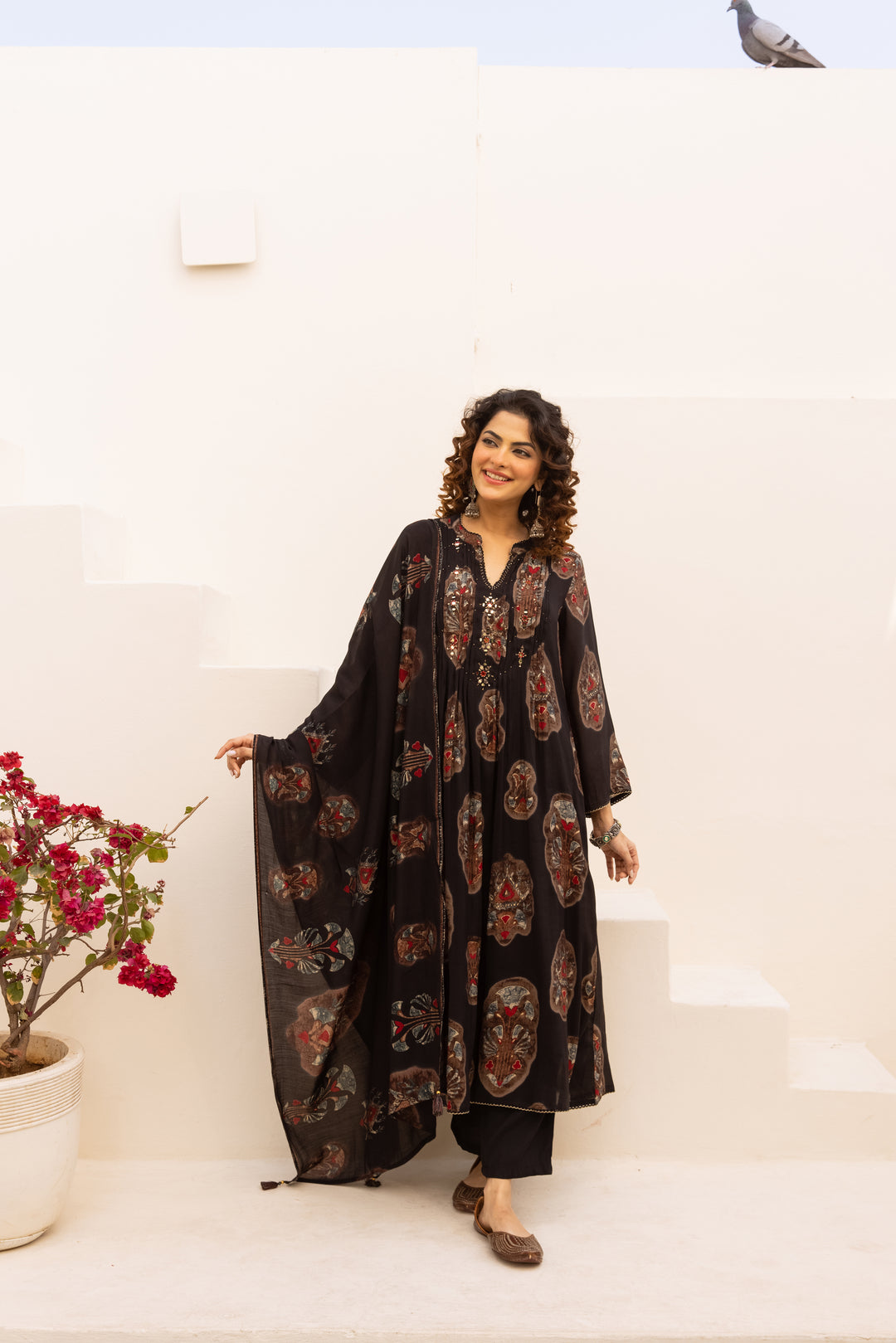 Nehamta Women's Black Chanderi Cotton Kurta with Pant & Dupatta