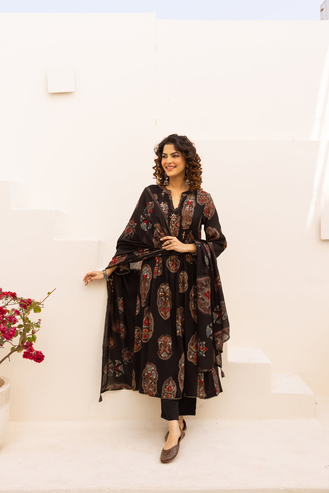 Nehamta Women's Black Chanderi Cotton Kurta with Pant & Dupatta