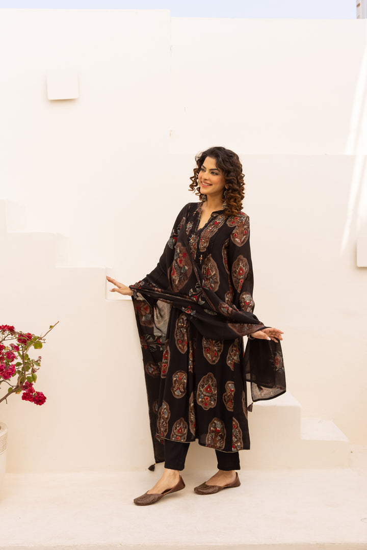 Nehamta Women's Black Chanderi Cotton Kurta with Pant & Dupatta