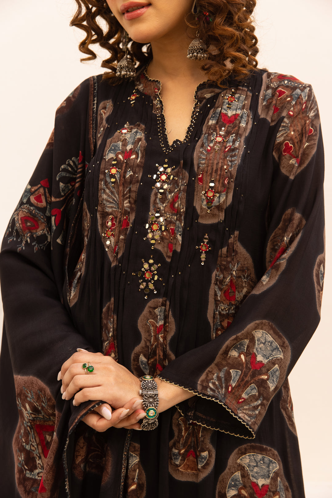 Nehamta Women's Black Chanderi Cotton Kurta with Pant & Dupatta