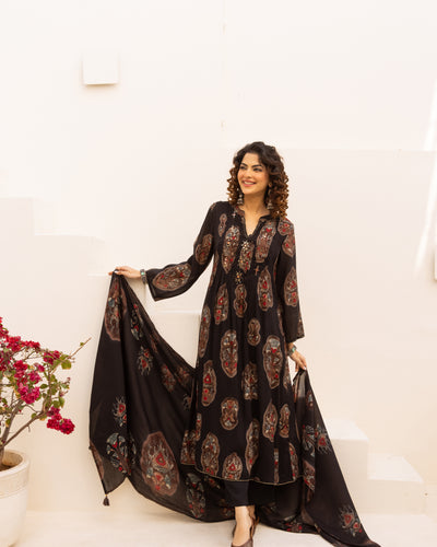 Nehamta Women's Black Chanderi Cotton Kurta with Pant & Dupatta