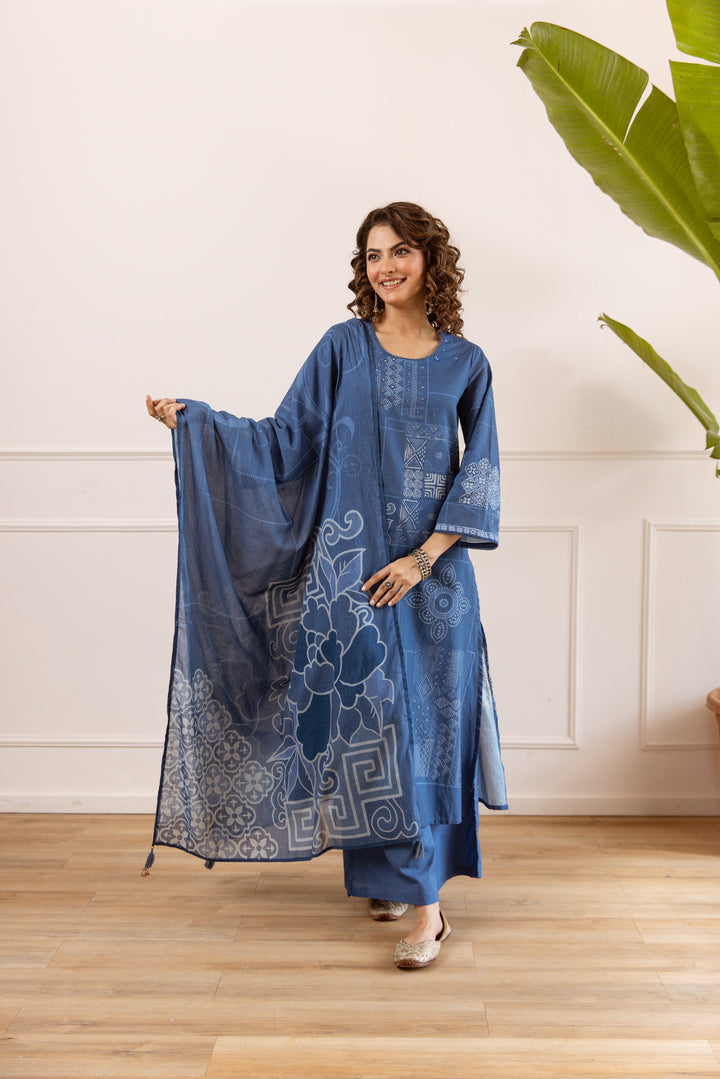 Nehamta Women's Blue Cotton Kurta with Palazzo & Dupatta