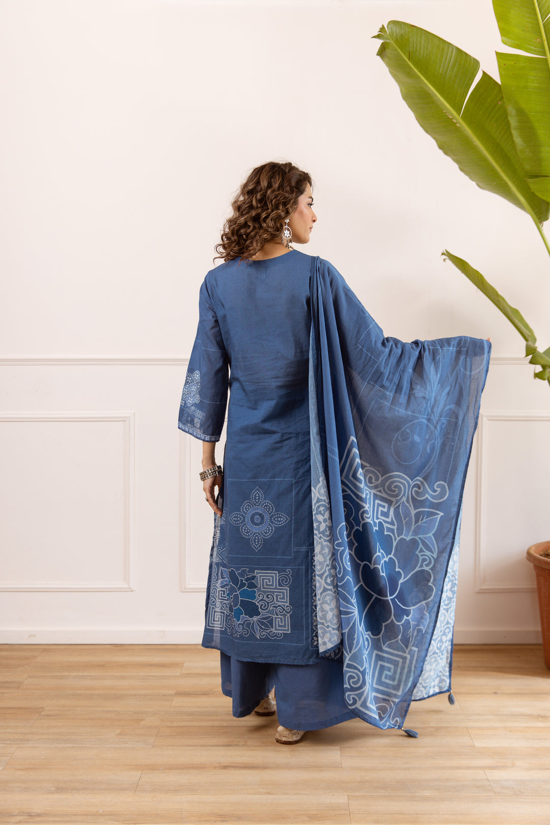 Nehamta Women's Blue Cotton Kurta with Palazzo & Dupatta