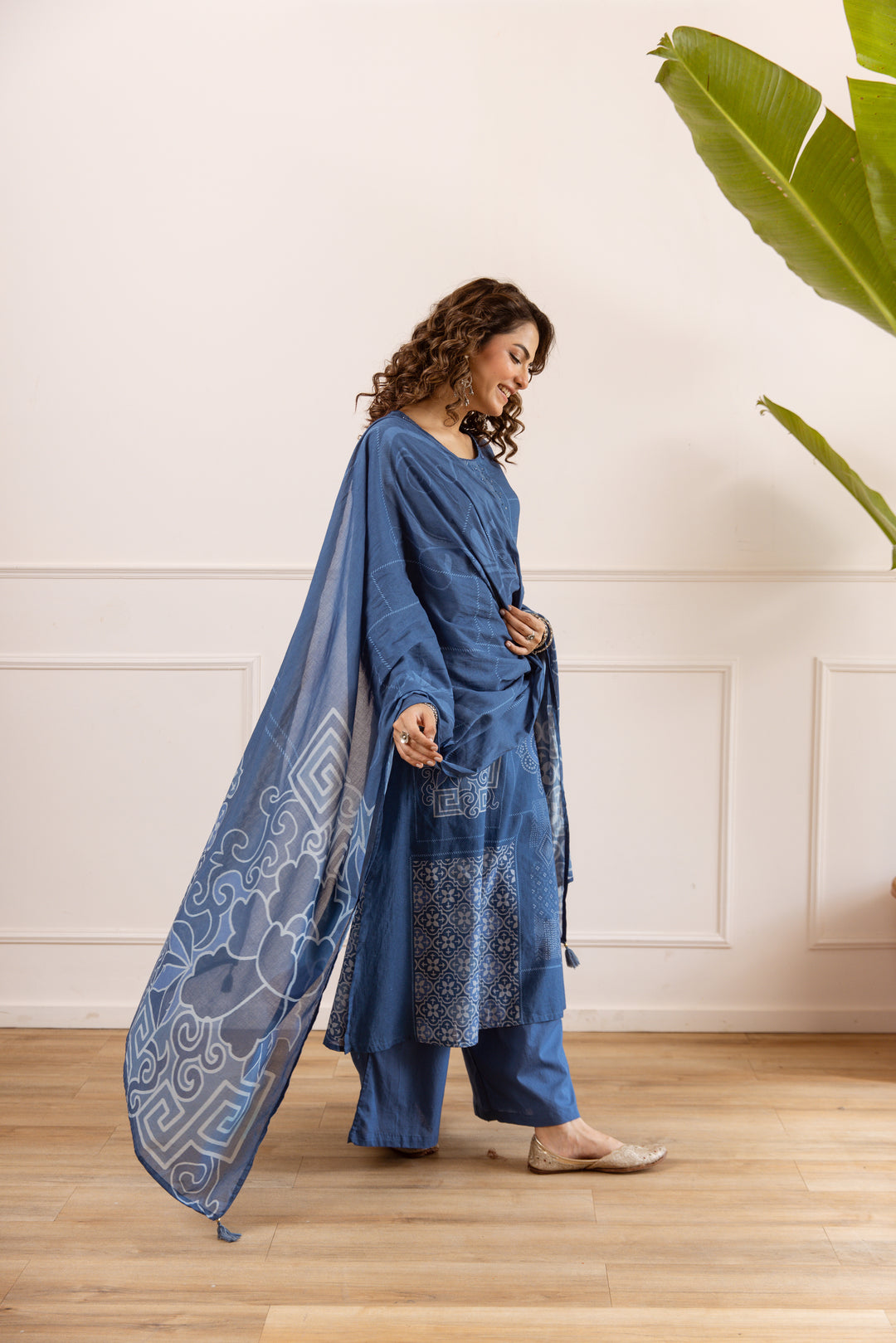 Nehamta Women's Blue Cotton Kurta with Palazzo & Dupatta