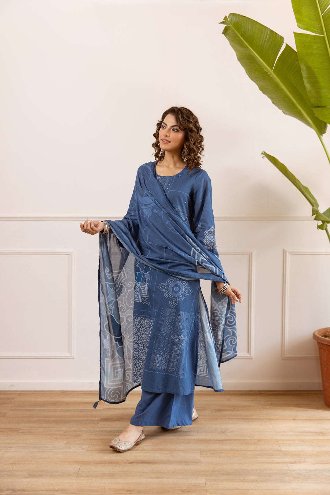 Nehamta Women's Blue Cotton Kurta with Palazzo & Dupatta