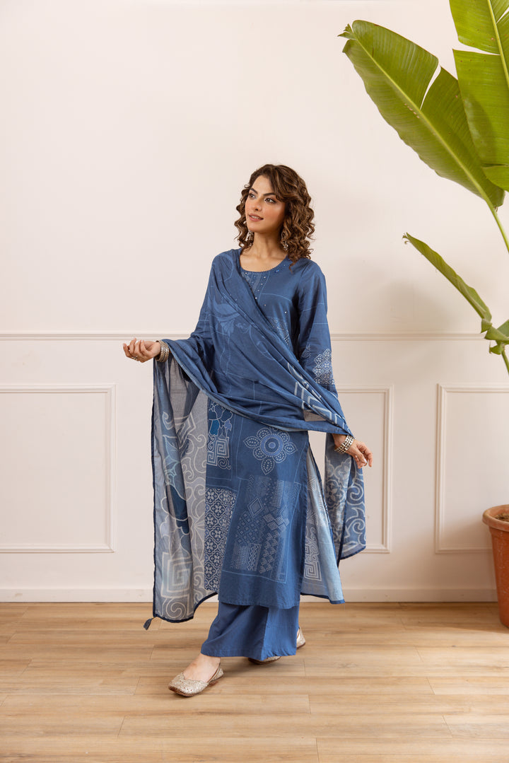 Nehamta Women's Blue Cotton Kurta with Palazzo & Dupatta