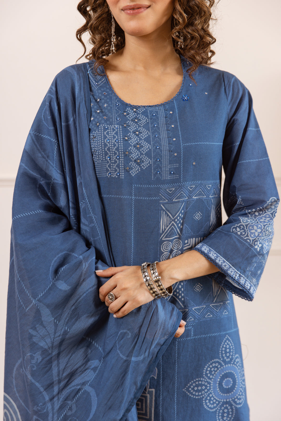Nehamta Women's Blue Cotton Kurta with Palazzo & Dupatta
