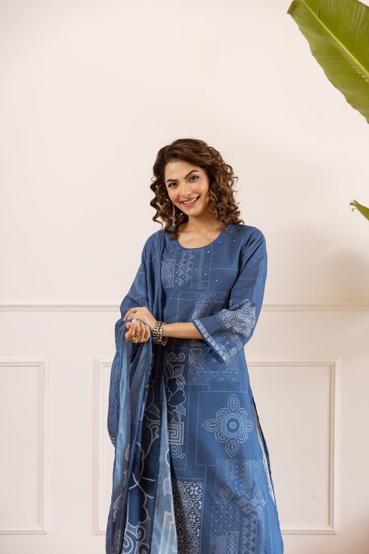 Nehamta Women's Blue Cotton Kurta with Palazzo & Dupatta