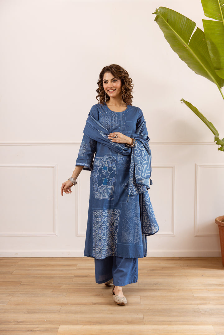Nehamta Women's Blue Cotton Kurta with Palazzo & Dupatta