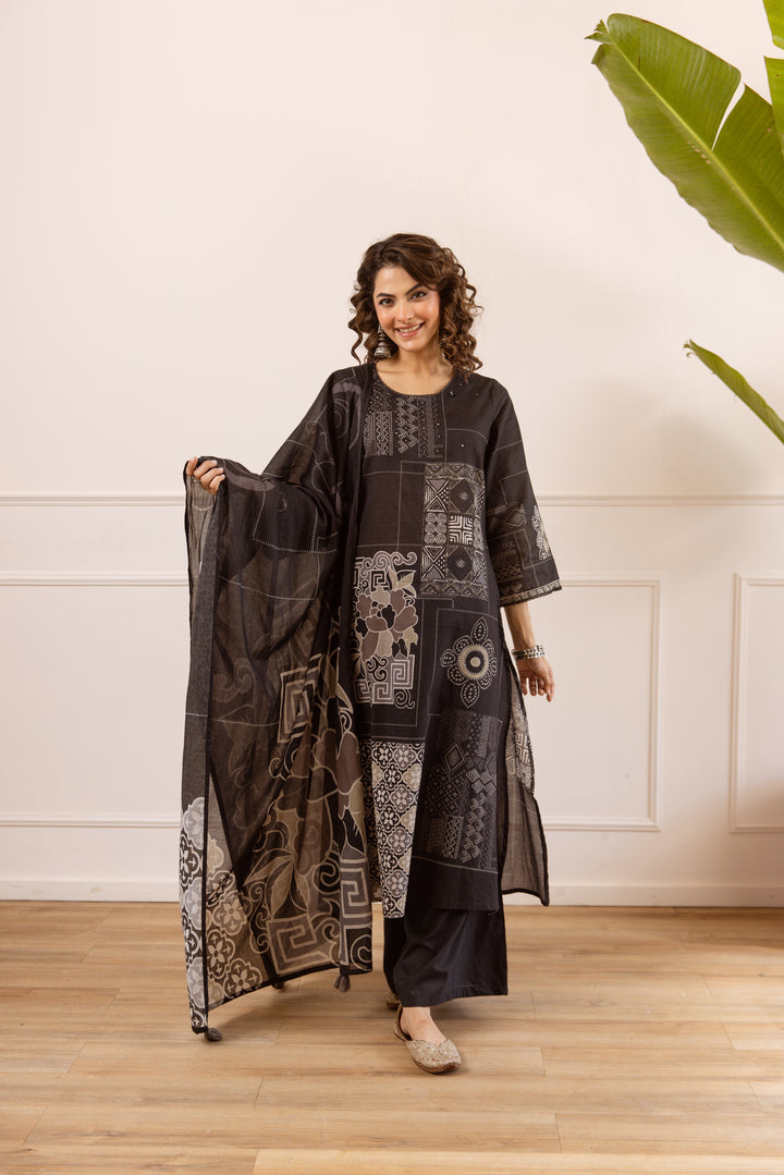 Nehamta Women's Black Cotton Kurta with Palazzo & Dupatta