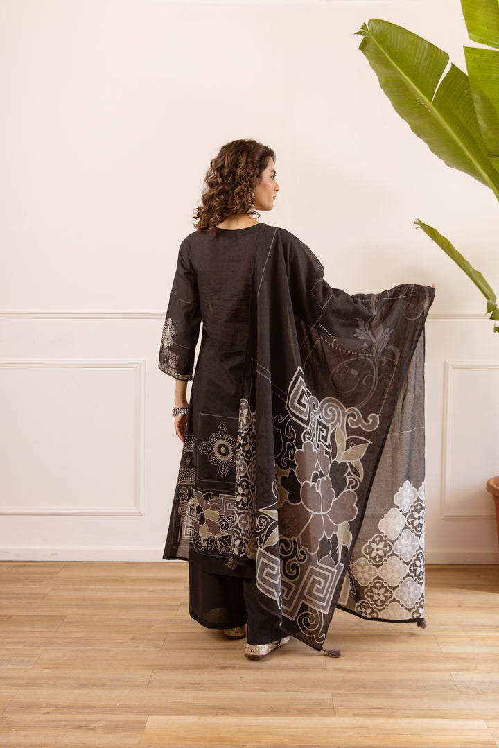 Nehamta Women's Black Cotton Kurta with Palazzo & Dupatta