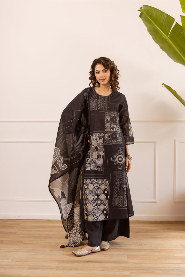 Nehamta Women's Black Cotton Kurta with Palazzo & Dupatta