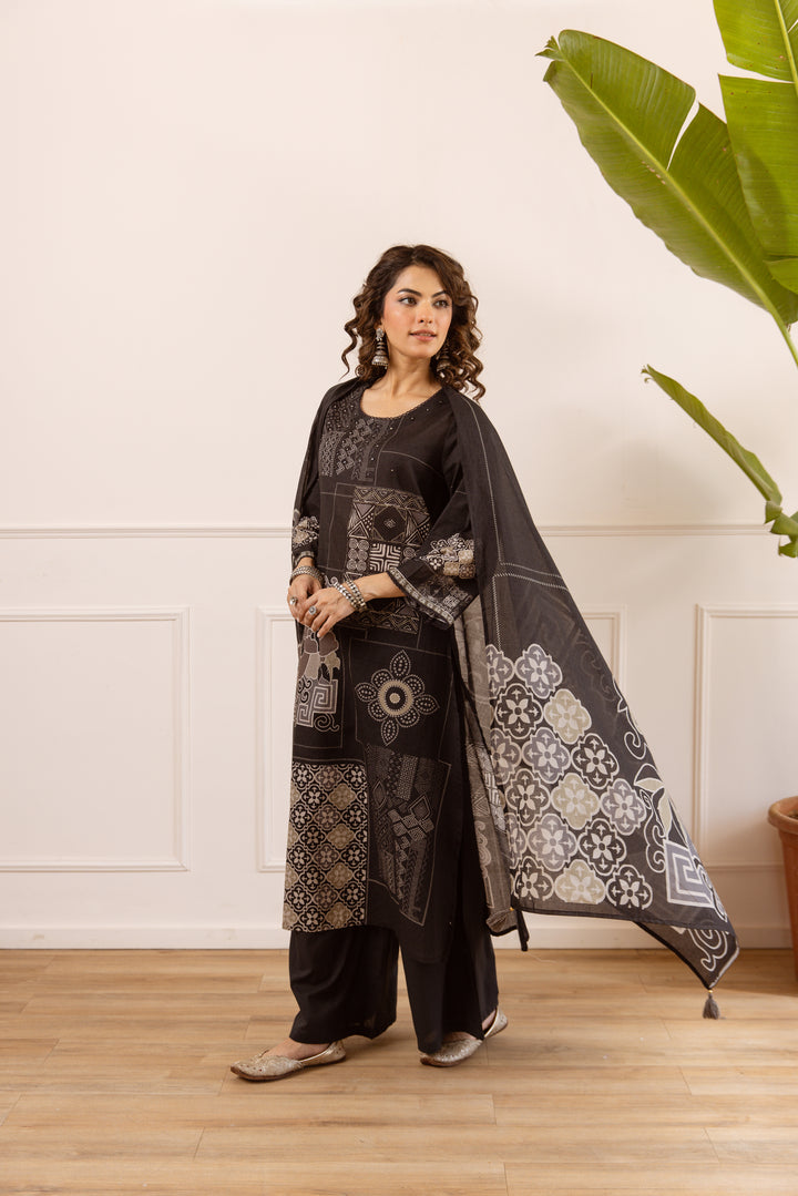 Nehamta Women's Black Cotton Kurta with Palazzo & Dupatta