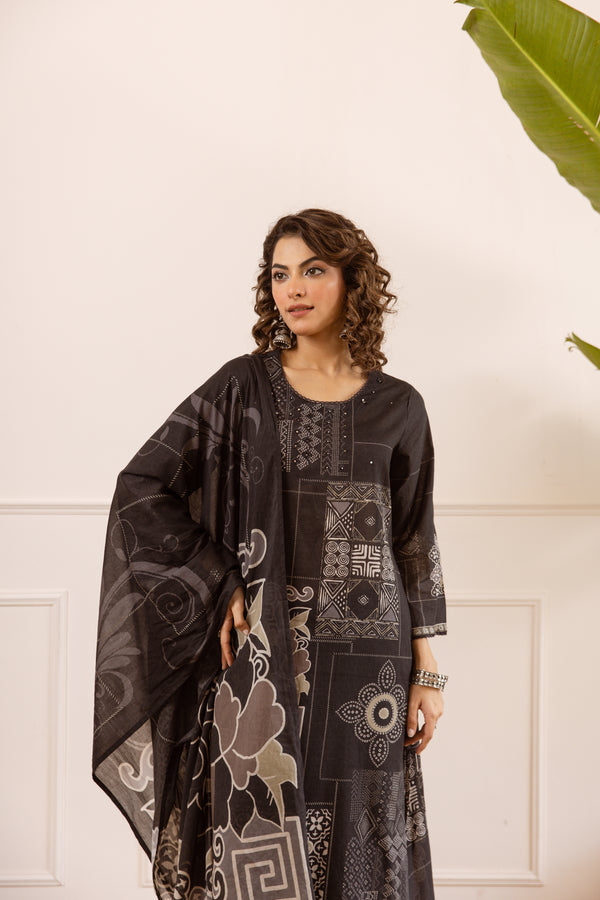 Nehamta Women's Black Cotton Kurta with Palazzo & Dupatta